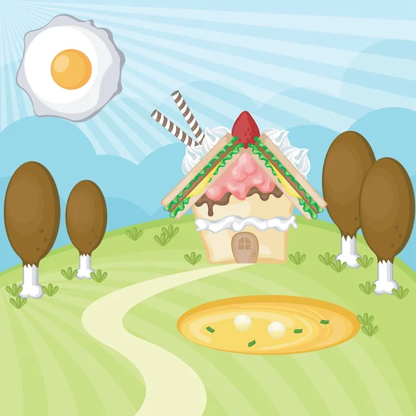 패스트 푸드와 환상 개념으로, 아이 들 상상력에 대 한 언덕에 작은 오두막 집으로 사탕 풍경 벡터 만들기 — 스톡 벡터