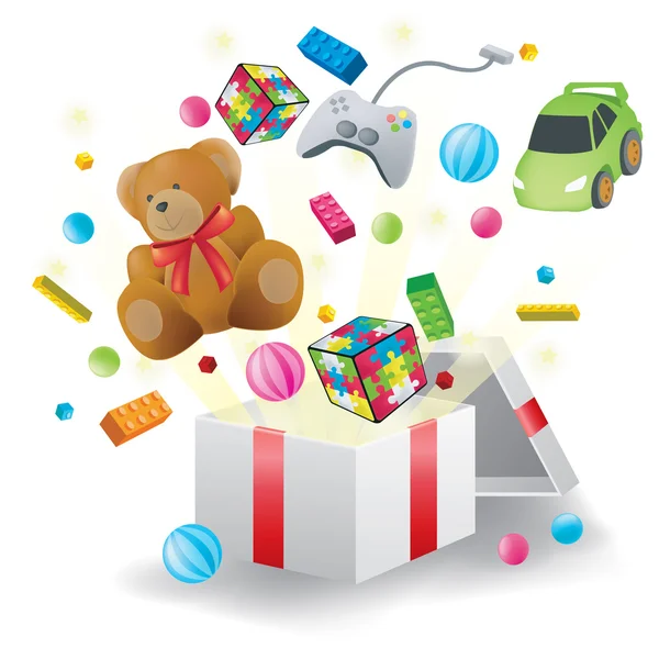 Berbagai mainan permainan video dan barang-barang rekreasi untuk anak-anak meledak dari kotak saat ini dengan kejutan untuk perayaan pesta seperti Natal atau ulang tahun di latar belakang terisolasi putih, dibuat oleh vektor - Stok Vektor