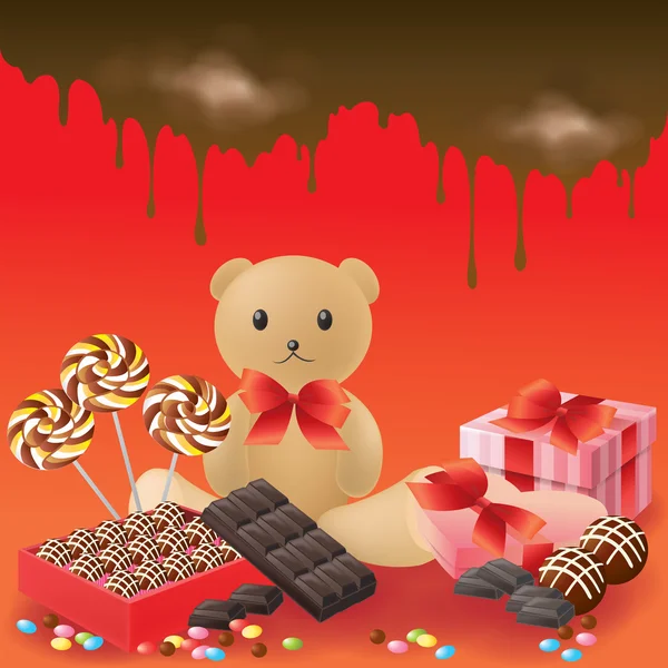 Valentine hadiah dan permen manis dessert seperti coklat bar, teddy bear, lollipop, dan lainnya hadir untuk pasangan cinta koleksi diatur dalam merah dengan latar belakang coklat mencair, dibuat oleh vektor - Stok Vektor