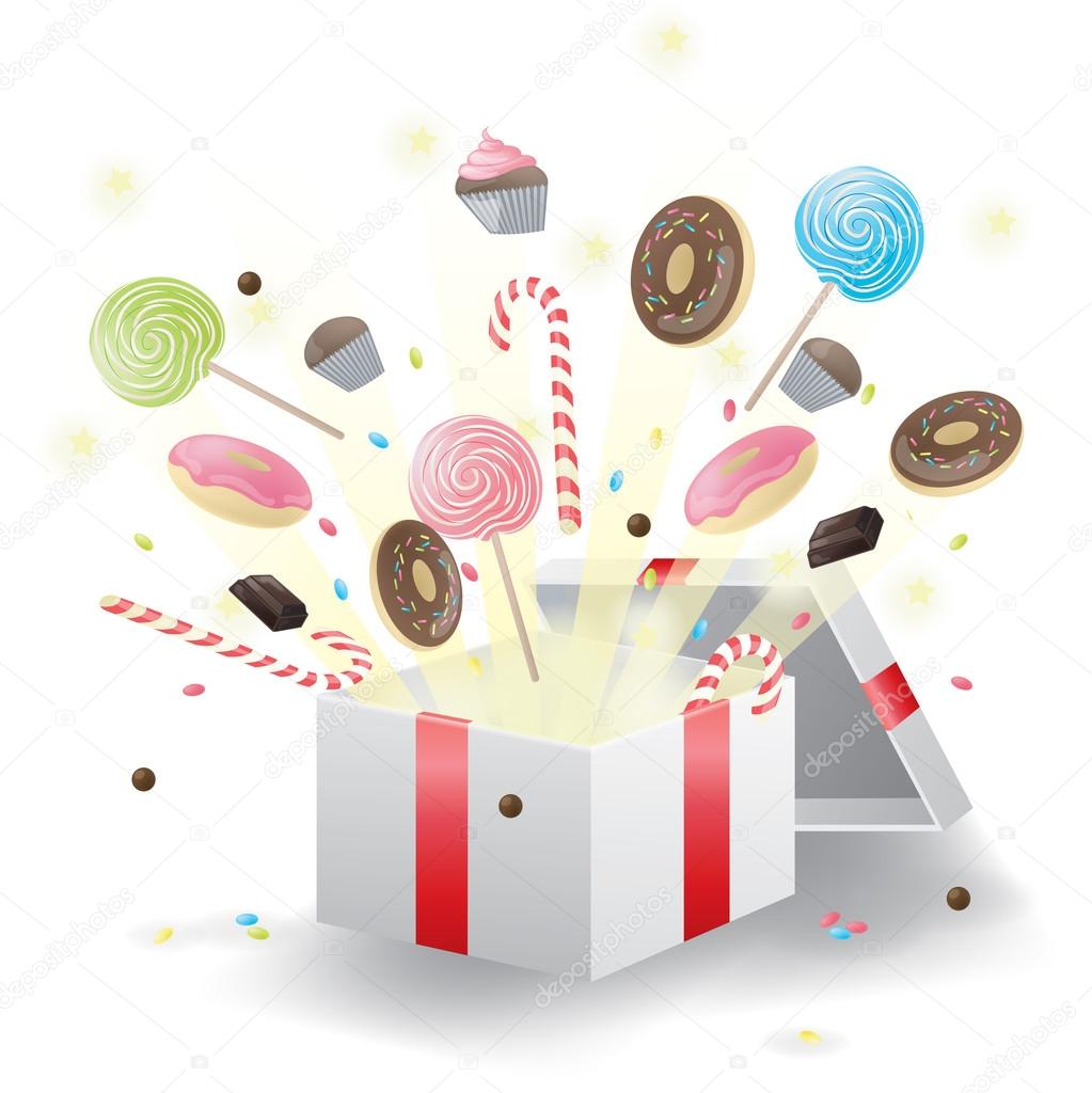 Various children sweets and candy dessert burst from present box by surprise in party celebration festival in white isolated background, create by vector
