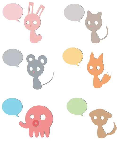 Lepenkové kreslené zvířata a pet jako kočka fox králičí pes myši chobotnice ikona kolekce s bublinu, vytvořit vektor — Stockový vektor