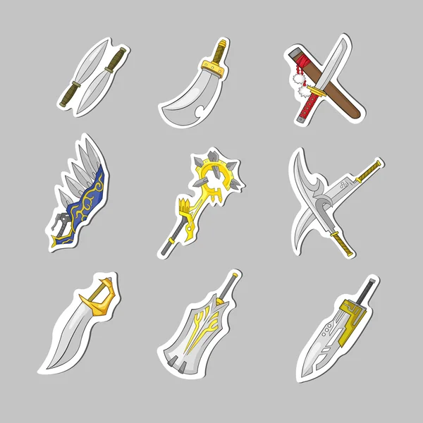 Creative fantasy sword blade knife and kantana icon collection set in sticker isolated background, create by cartoon vector — Stock Vector