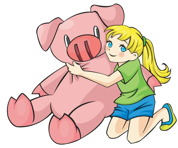 Young Girl is hugging a giant piggy pig doll toy as her friend couple with love and care in white isolated background. Create by cartoon vector. — Stock Vector