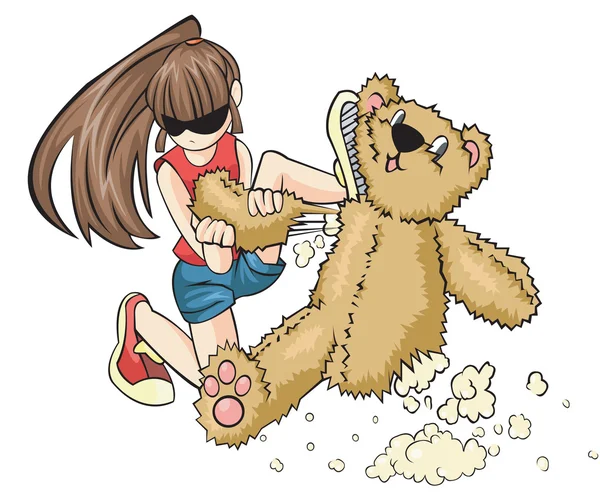 一个淘气的女孩正在积极地摧毁一只泰迪熊。她是破坏问题儿童小子，创建由卡通矢量 — 图库矢量图片