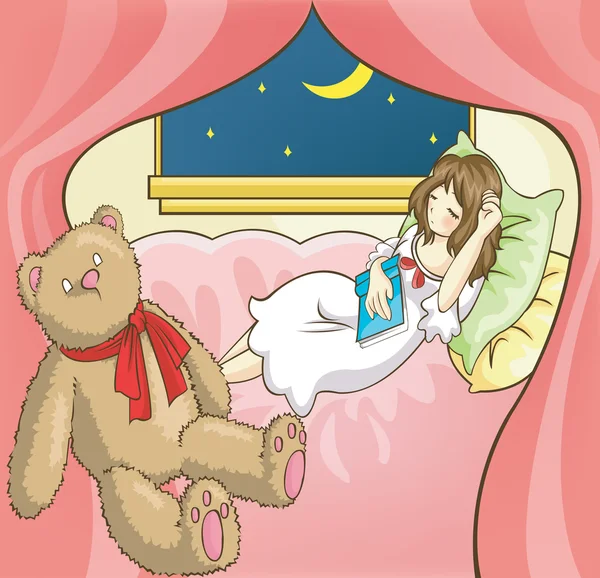 Дівчина-принцеса спить, читаючи книгу в своїй спальні на м'якому ліжку з плюшевим ведмедем і відкритим вікном, щоб побачити нічний зоряний півмісяць, створений мультяшним вектором — стоковий вектор