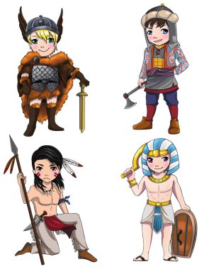 Ancient cartoon warriors fighters soldier and military warlords from various culture icon character set 2 consists of Indian Apache Scandinavian Vikings Egypt Medjay Turkish warrior, create by vector