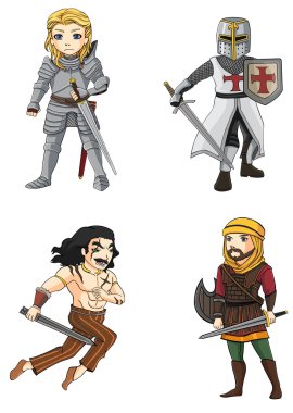 Ancient cartoon male warriors fighters soldier and military warlords from various culture icon character set 4 consists of knight, Persian, barbarian, Crusader, and Celtic warrior. create by vector