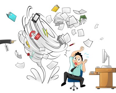 Hurricane of workload in the office with stationary tools attacking salary man or businessman or clerk - man version with boss order (cartoon vector)