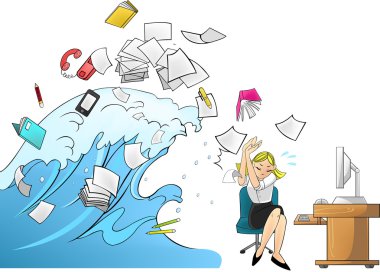 Tidal wave tsunami of workload with office tools in the office attacking a female secretary or businesswoman - woman version (cartoon vector)