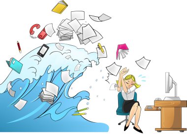 Tidal wave tsunami of workload with office tools in the office attacking a female secretary or businesswoman - woman version (cartoon vector) clipart
