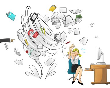 Hurricane of workload in the office with stationary tools attacking businesswoman or secretary - woman version with boss order (cartoon vector)