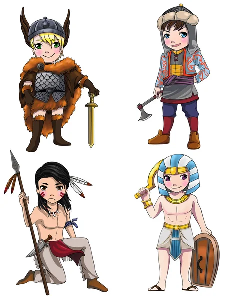 Guerriers de bande dessinée anciens combattants soldat et seigneurs de guerre militaires de diverses icônes de la culture jeu de caractères 2 se compose de Vikings scandinaves indiens Apache Egypte Medjay guerrier turc, créer par vecteur — Image vectorielle