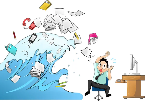 Tidal wave tsunami of workload with office tools in the office attacking a salary male clerk or businessman - man version (cartoon vector with funny concept) — Stok Vektör