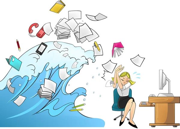 Tsunami de marea de carga de trabajo con herramientas de oficina en la oficina atacando a una secretaria o mujer de negocios versión mujer (vector de dibujos animados ) — Vector de stock
