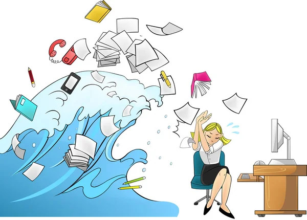 Vague marémotrice tsunami de charge de travail avec des outils de bureau dans le bureau attaquant une secrétaire ou une femme d'affaires version femme (vecteur de dessin animé ) — Image vectorielle