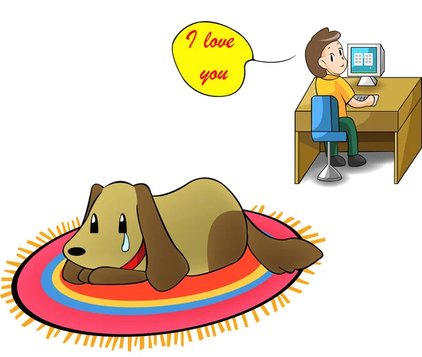 Please take care of your little lonely sad puppy dog instead of showing love via computer screen. Your pet got only you in it's whole life. Cartoon vector concept. — Stockový vektor