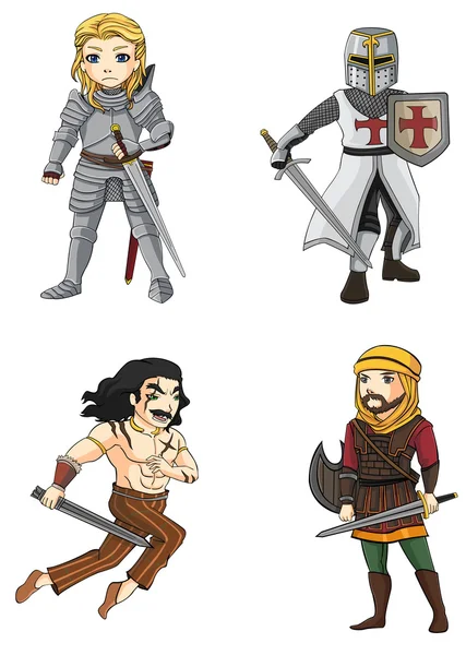 Ancient cartoon male warriors fighters soldier and military warlords from various culture icon character set 4 consists of knight, Persian, barbarian, Crusader, and Celtic warrior. create by vector — 스톡 벡터