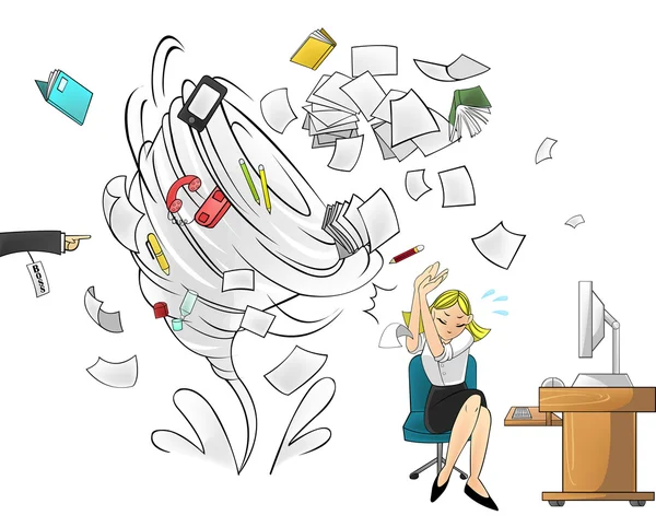 Hurricane of workload in the office with stationary tools attacking businesswoman or secretary - woman version with boss order (cartoon vector) — Stock vektor