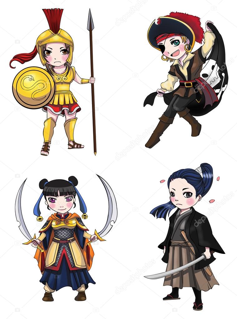 Ancient cartoon warriors fighters soldier and military warlords girl from various culture such as Roman spartan pirate chinese swordsman samurai icon character set 1, create by vector