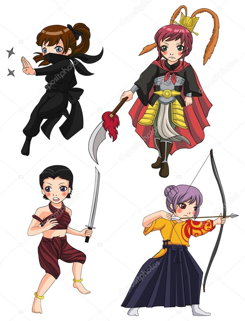 Ancient cartoon warriors fighters soldier and military warlords girl from various culture such as ninja Chinese warrior Thai warrior and Japanese archer icon character set 3, create by vector