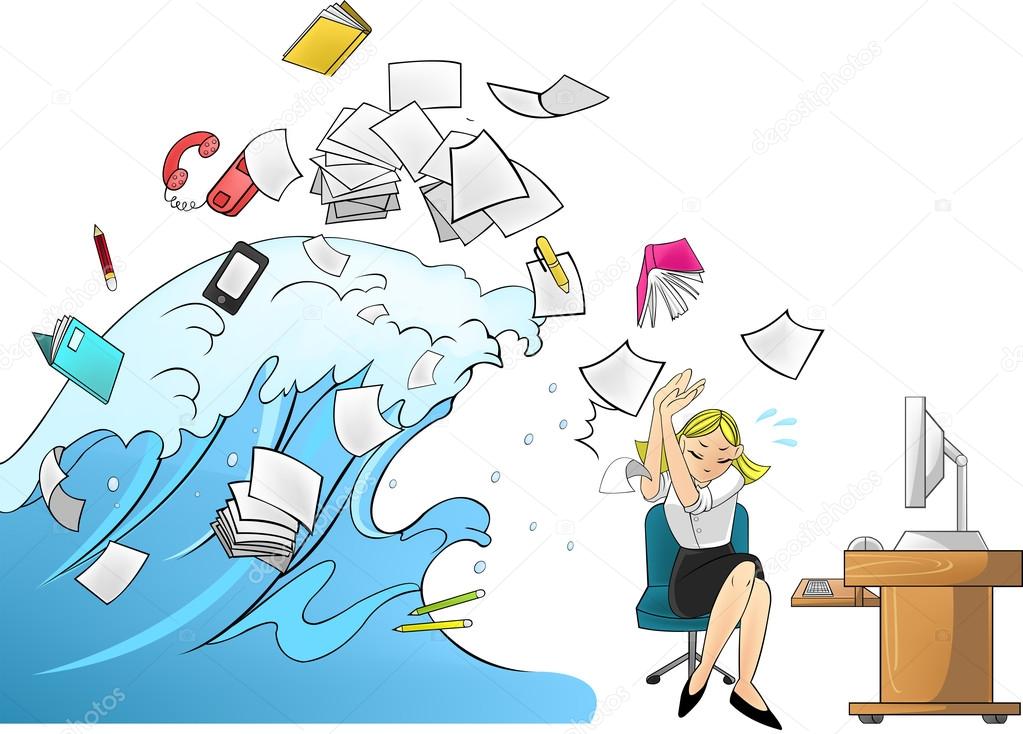 Tidal wave tsunami of workload with office tools in the office attacking a female secretary or businesswoman - woman version (cartoon vector)