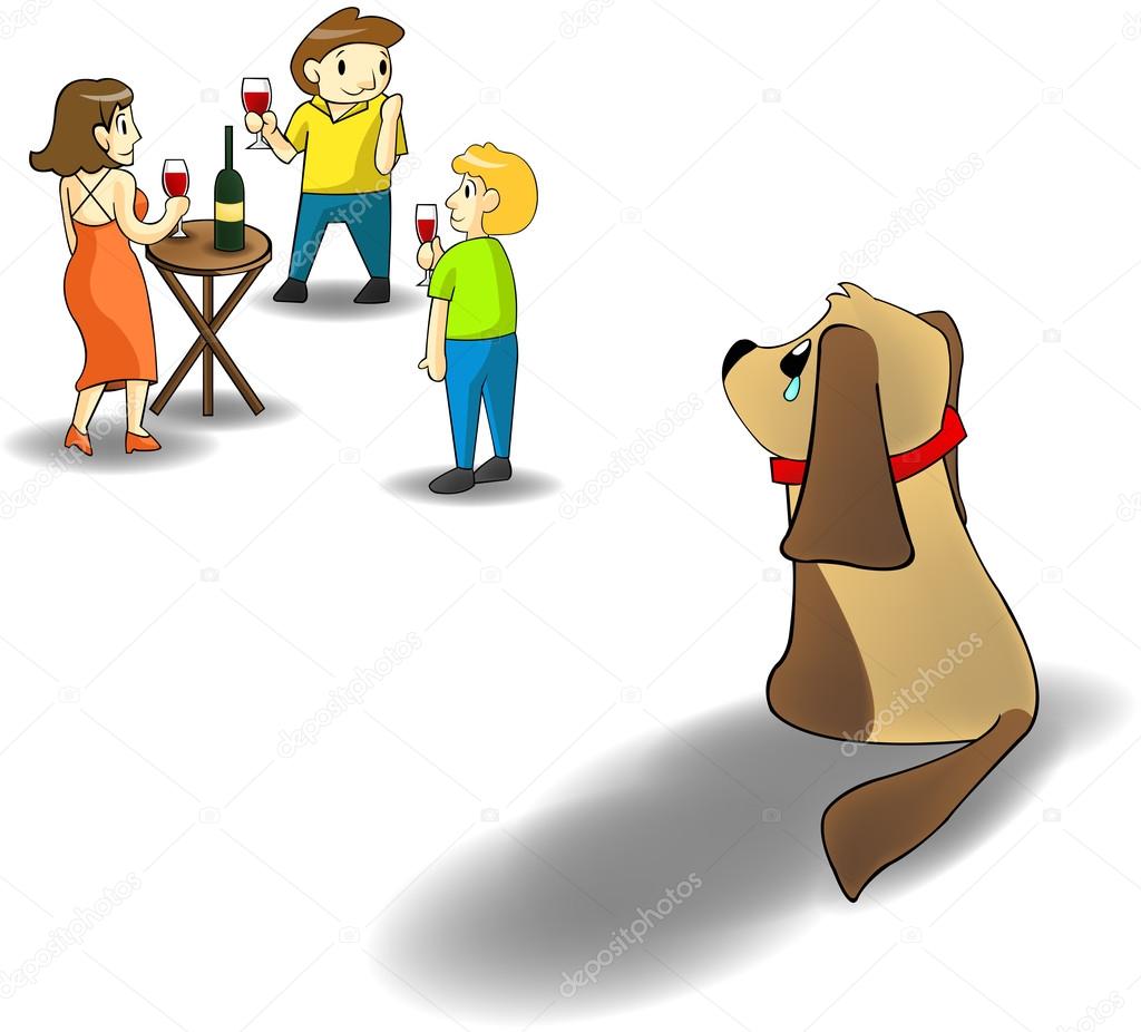 Lonely dog left by the owner crying of loneliness. Please take care of your little lonely sad  puppy. Your pet got only you in it's whole life. Cartoon vector concept.