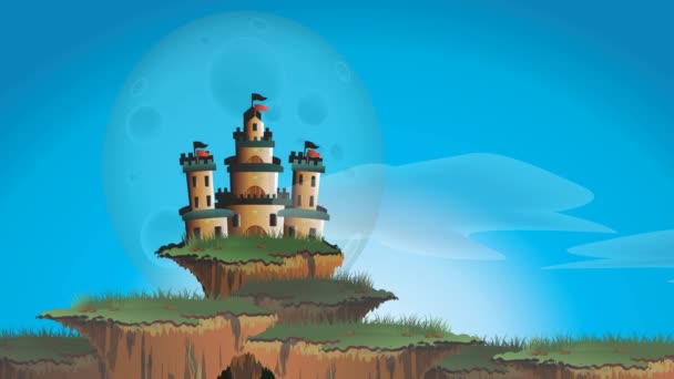 Animación de dibujos animados de un castillo de fantasía de cuento de hadas en la isla flotante mundo brumoso con timelapse cambiando desde el amanecer de la mañana hasta la noche con luna gigante y estrella en 1920 x 1080 calidad HD — Vídeo de stock