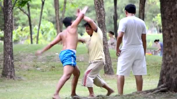 BANGKOK, THAILAND - JULHO 15: Dois lutadores tailandeses de artes marciais praticam poupando Muay Boran no parque público para que todos possam assistir em 15 de julho de 2013. Muay Boran é um antigo Muay Thai usado em combate de guerra . — Vídeo de Stock