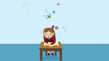 Çizgi film animasyon bir kız çocuk öğrenci masasına bilim matematik Kimya Biyoloji Mühendisliği fizik sanat ve HD yaratıcı mezuniyet simgesinde izole arka plan ile ilgili eğitim kitap okuyor.
