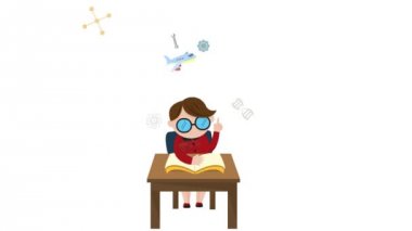Çizgi film animasyon bir çocuk çocuk öğrencinin eğitim kitap bilim matematik Kimya Biyoloji Mühendisliği fizik ve yaratıcı bilgi simgesi ile izole beyaz arka planda mezun oluncaya kadar okuma.