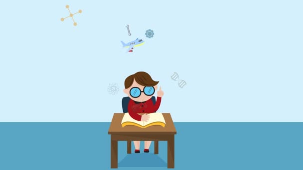 Cartoon animation of a boy child student is reading education book on his desk with science maths chemistry biology engineering physics and other creative knowledge icon until graduation in HD — Stock Video