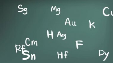 Animasyon doodle el yazısı içinde 1920 x 1080 Hd kalitesinde eğitim giriş için kullanılan tahta geçmiş hareket periyodik tablo teorisi formül simgesi öğesinde Kimya