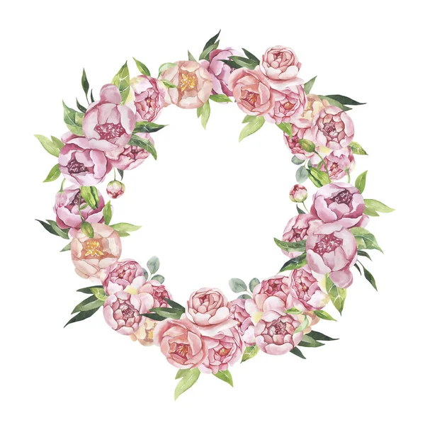 Ilustração floral aquarela - moldura de folhas e ramos com flores e folhas para casamento estacionário, saudações, papéis de parede, fundo. Rosas, peônias folhas verdes. — Fotografia de Stock