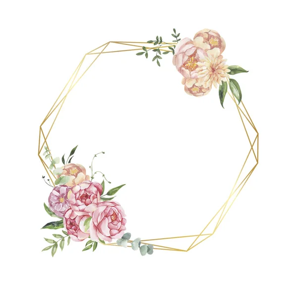 Υδατογραφία floral εικονογράφηση - φύλλα και κλαδιά πλαίσιο με λουλούδια και φύλλα για το γάμο σταθερό, χαιρετισμούς, ταπετσαρίες, φόντο. Τριαντάφυλλα, παιώνιες πράσινα φύλλα. — Φωτογραφία Αρχείου