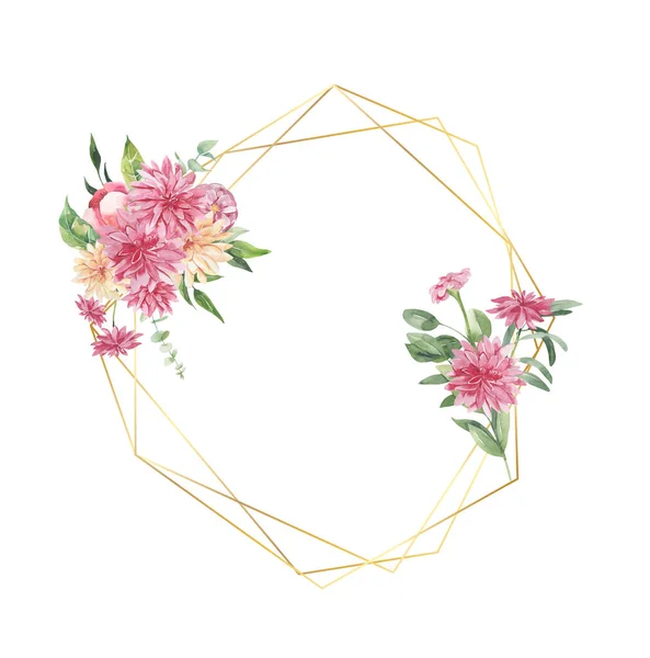 Aquarel bloemen illustratie - bladeren en takken frame met bloemen en bladeren voor bruiloft stationaire, groeten, wallpapers, achtergrond. Rozen, pioenrozen groene bladeren. — Stockfoto