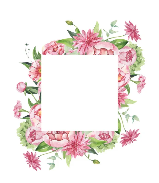 Akvarell virágos illusztráció - levelek és ágak keret virágok és levelek esküvő álló, üdvözlet, tapéták, háttér. Rózsa, bazsarózsa, zöld levelek. — Stock Fotó