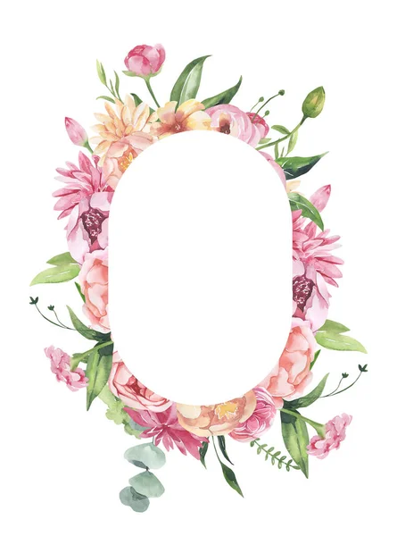 Υδατογραφία floral εικονογράφηση - φύλλα και κλαδιά πλαίσιο με λουλούδια και φύλλα για το γάμο σταθερό, χαιρετισμούς, ταπετσαρίες, φόντο. Τριαντάφυλλα, παιώνιες πράσινα φύλλα. — Φωτογραφία Αρχείου