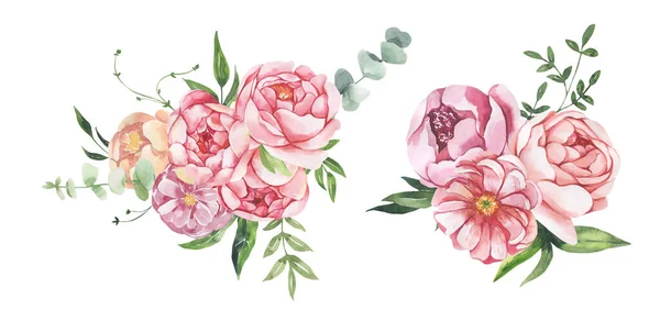 Watercolor floral illustration - leaves and branches frame with flowers and leaves for wedding stationary, greetings, wallpapers, background. Roses,peonies green leaves. — Stock Photo, Image