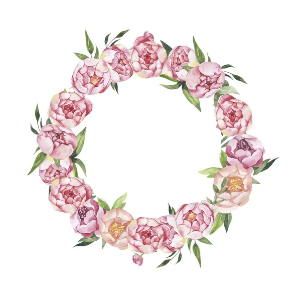 Illustrazione floreale ad acquerello - foglie e rami incorniciano con fiori e foglie per matrimonio stazionario, saluti, sfondi, sfondo. Rose, peonie foglie verdi. — Foto Stock