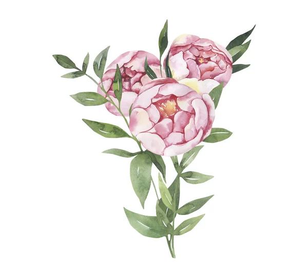Ilustração floral aquarela - moldura de folhas e ramos com flores e folhas para casamento estacionário, saudações, papéis de parede, fundo. Rosas, peônias folhas verdes. — Fotografia de Stock