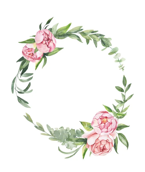 Illustrazione floreale ad acquerello - foglie e rami incorniciano con fiori e foglie per matrimonio stazionario, saluti, sfondi, sfondo. Rose, peonie foglie verdi. — Foto Stock