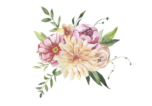 Watercolor floral illustration - leaves and branches frame with flowers and leaves for wedding stationary, greetings, wallpapers, background. Roses,peonies green leaves. — Stock Photo, Image