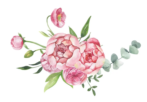 Watercolor floral illustration - leaves and branches frame with flowers and leaves for wedding stationary, greetings, wallpapers, background. Roses,peonies green leaves. — Stock Photo, Image