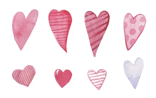 Romantic watercolor collection with pink hearts a white background.Watercolor illustration for Valentines day. — Stock Photo, Image