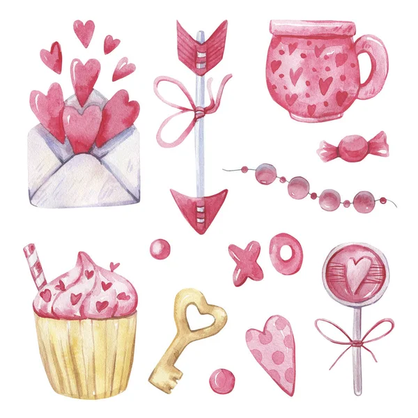 Romantic watercolor collection with pink heart, arrow, key, letters, desserts on a white background.Watercolor illustration for Valentines day. — Stock Photo, Image