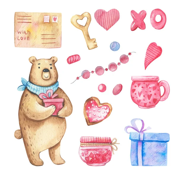 Romantic watercolor collection with bear pink heart, arrow, flower, key, letters, desserts, on a white background.Watercolor illustration for Valentines day. — Stock Photo, Image