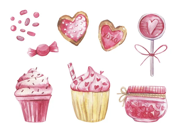 Romantic watercolor collection with pink desserts on a white background.Watercolor illustration for Valentines day. — Stock Photo, Image