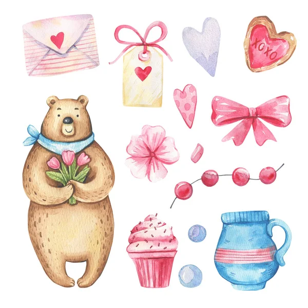 Romantic watercolor collection with bear pink heart, arrow, flower, key, letters, desserts, on a white background.Watercolor illustration for Valentines day. — Stock Photo, Image