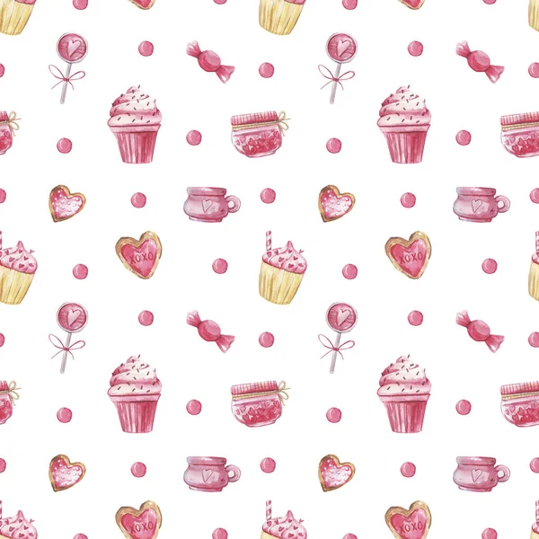 Patrón sin costuras de acuarela romántica con cupcakes de color rosa, tazas, corazones sobre un fondo blanco. ilustración de acuarela para el día de San Valentín. — Foto de Stock