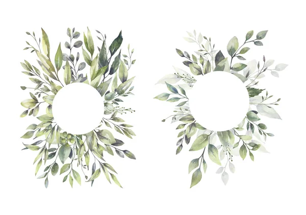Conjunto de ilustração floral aquarela folha verde coleção Frame, para casamento estacionário, saudações, papéis de parede, moda, fundo. Eucalipto, oliveira, folhas verdes, etc.. — Fotografia de Stock